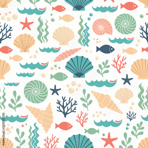 Seamless Coastal Pattern with Seashells, Fish, Starfish, Coral and Ocean Waves