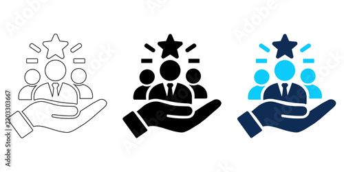 Set of human resources icons with hand holding people and star vector illustration, editable stroke