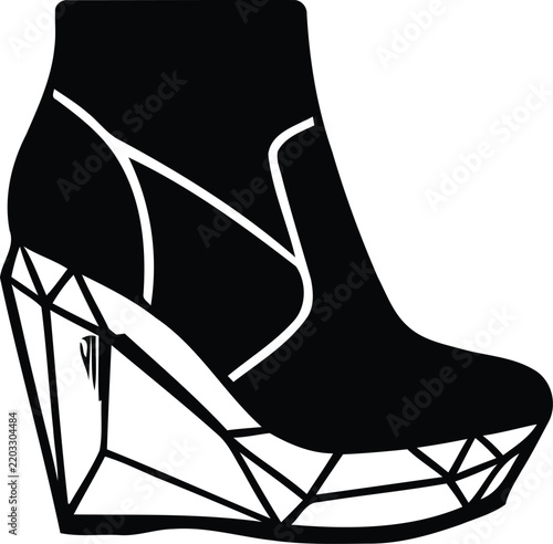 Black and white vector illustration of a high heel wedge bootie fashion footwear.