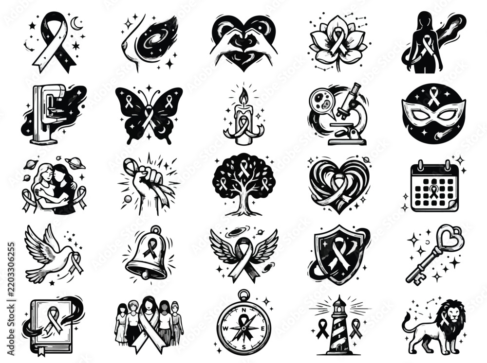 Fototapeta premium Breast cancer awareness icon set black and white hand drawn symbols including ribbon heart and butterfly for healthcare support campaign