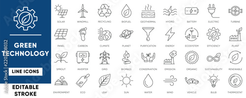 Green technology and renewable energy line icon set with editable strokes. Premium vector icons for sustainability, ecology, solar power, recycling, and environment.