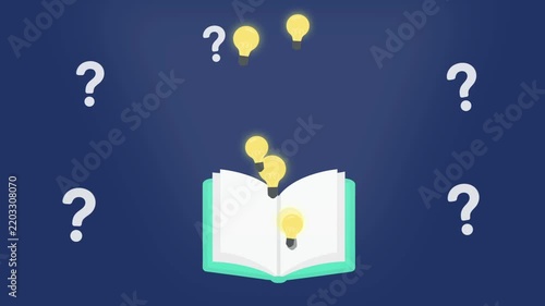 open book with question and idea light bulb fly out. Academic research and study