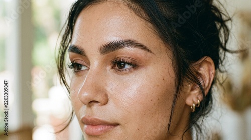 Beautiful Woman with Natural Makeup, Glowing Skin and Dark Hair