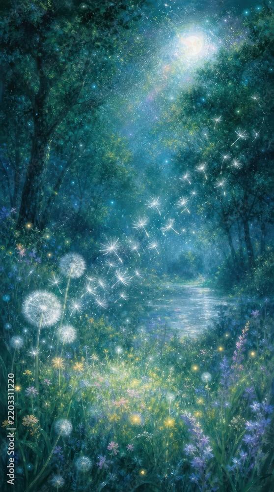 Obraz premium Dreamy fantasy forest mobile wallpaper with glowing dandelions