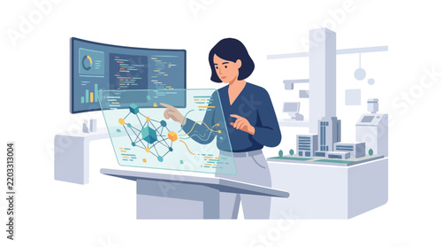 Female scientist using holographic interface flat vector illustration for big data analytics and AI concept on white background