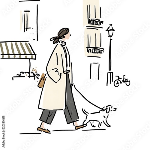 Hand drawn illustration of a stylish woman walking her dog on a European city street