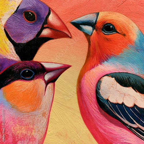 Vibrant Oil Painting Illustration of Colorful Tropical Finches with Textured Brushstrokes and Bright Vivid Feathers Artistic Nature Portrait