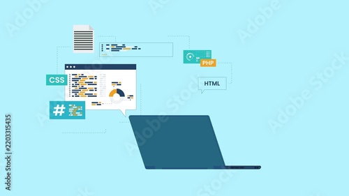 Web Development and Programming Concept with Laptop, Code, HTML, CSS, PHP and Security Lock