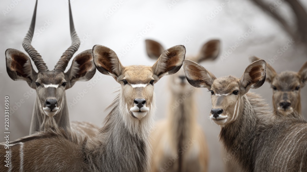 Obraz premium Intimate portrait of a group of majestic kudus in their natural habitat