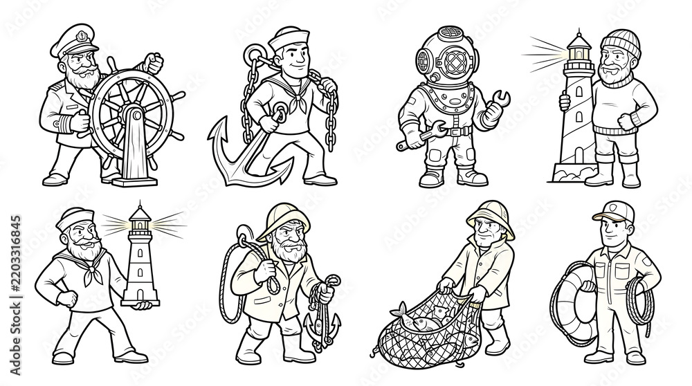 Fototapeta premium Maritime Workers and Nautical Character Line Art Collection 