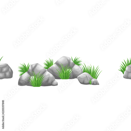 Rocks and green grass horizontally seamless border, 2D game environment digital illustration PNG