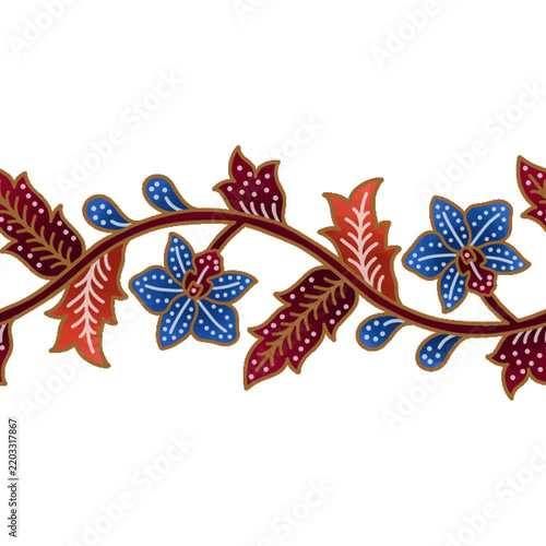 Traditional batik floral border, horizontally seamless Indonesian ethnic pattern digital illustration PNG