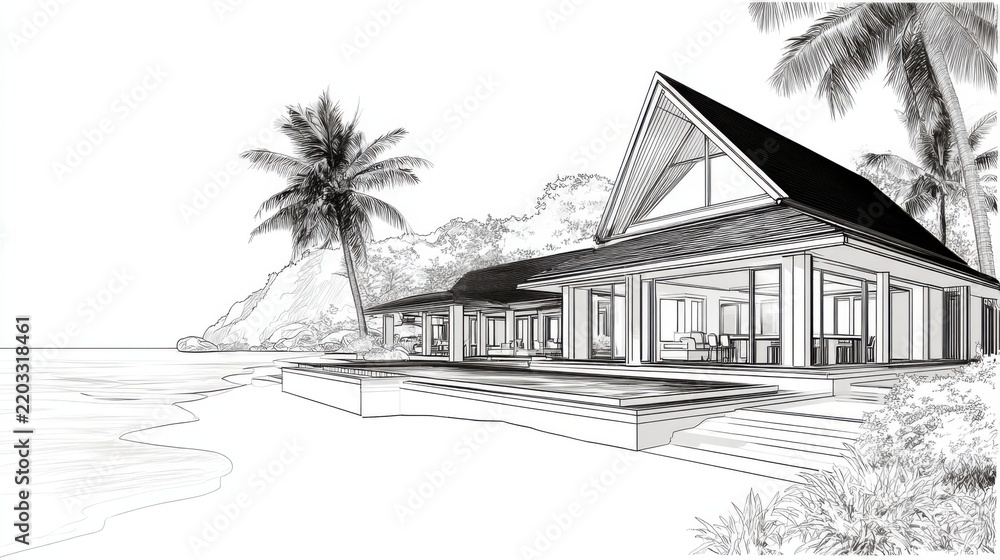 Obraz premium Contemporary Beach House Design with Palm Trees and Ocean View