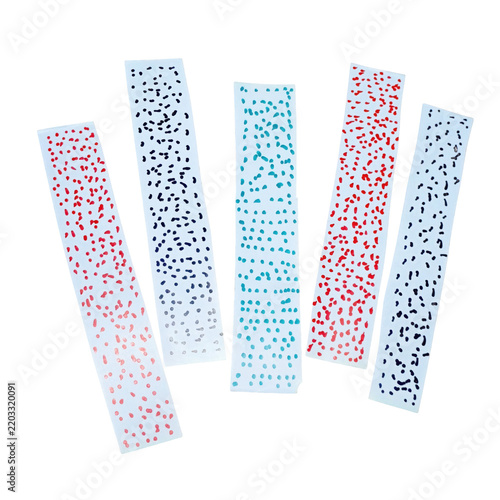Five vertical paper strips with dotted patterns on a dark background isolated on a transparent background