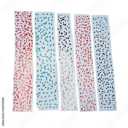 Five vertical paper strips with hand drawn polka dot patterns isolated on a transparent background