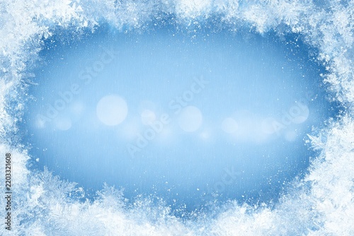 A soft blue background framed by a snowy frost border, with bokeh lights