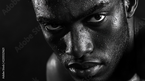 Intense Close-Up Portrait of a Sweaty Black Male Athlete