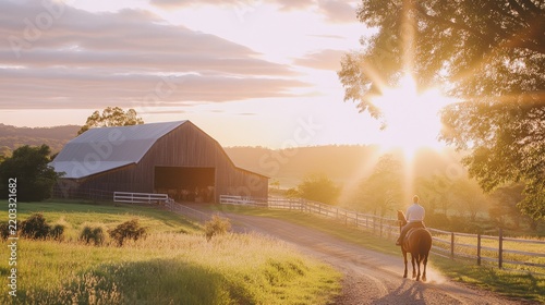 Serene Sunrise Over Rustic Farm with Horse Rider and Barn