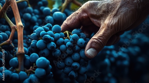 Close-Up of Hand Picking Ripe Blue Grapes from Vineyard Bunches