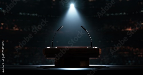 Empty podium under spotlight in dark arena, audience blurred background