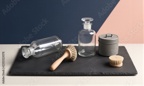 Glass bottles, brushes and a tin on slate against blue-pink backdrop.
