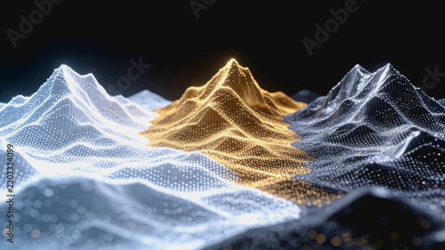 A 3D rendered digital wireframe terrain with a glowing golden peak standing out against dark background, showcasing data visualization design.