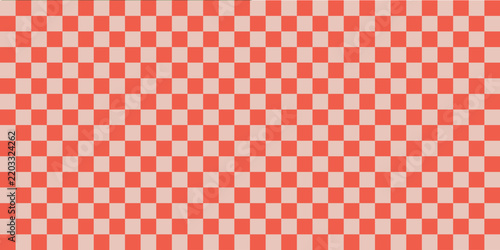 A minimalist seamless geometric pattern featuring a red and cream beige checkerboard grid background, creating a classic abstract checkered texture for textile, picnic themes
