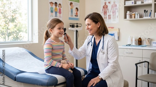 Doctor examining young girl's eye with ophthalmoscope in clinic