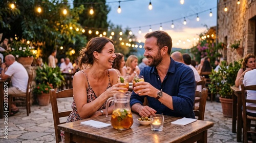 Couple enjoying drinks and laughter at an outdoor restaurant with string lights