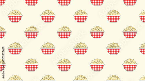 Seamless Pattern of Popcorn Buckets with Red Gingham Design.