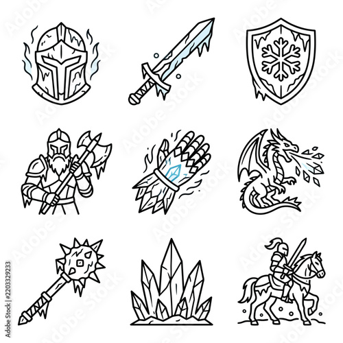 Fantasy Icons: Knight, Dragon, Sword, Shield, Armor, Axe, Mace, Crystals