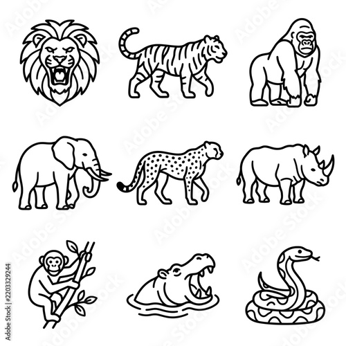 Wild Animal Icons: Lion, Tiger, Gorilla, Elephant, Cheetah, Rhino, Monkey, Hippo, Snake