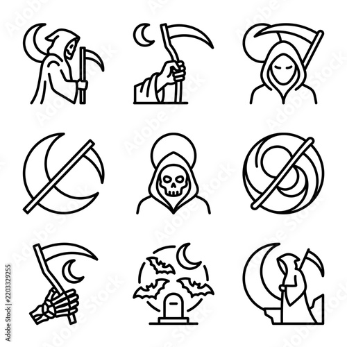 Grim Reaper Icons Set - Death, Scythe, Moon, Bats, Cemetery Symbols Line Art
