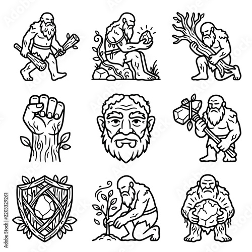 Caveman Icons: Primitive Man, Tools, Nature, Stone Age, Tribal Symbols