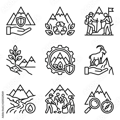Mountain Nature Protection and Conservation Icons Set