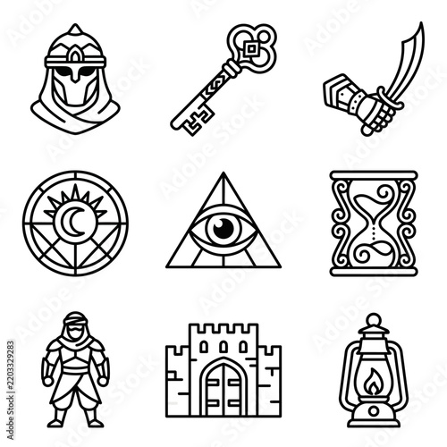 Mystical Symbols and Ancient Icons Collection: Warrior, Key, Sword, Sun, Eye, Hourglass, Castle, Lantern