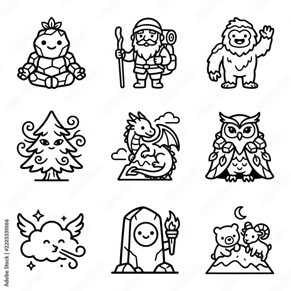 Obraz premium Cute Cartoon Characters: Fantasy Creatures, Nature Spirits, Mythical Beings