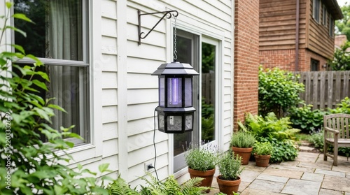 A black lantern-style insect repellent hangs on a white wall outdoors. The lantern is suspended by a chain and bracket.