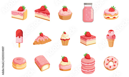 Food and desert with strawberry flavor vector graphic collection