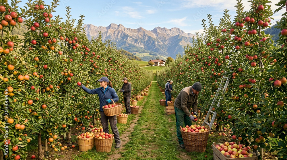 Fototapeta premium Apple orchard picking harvest season autumn mountain landscape farm workers