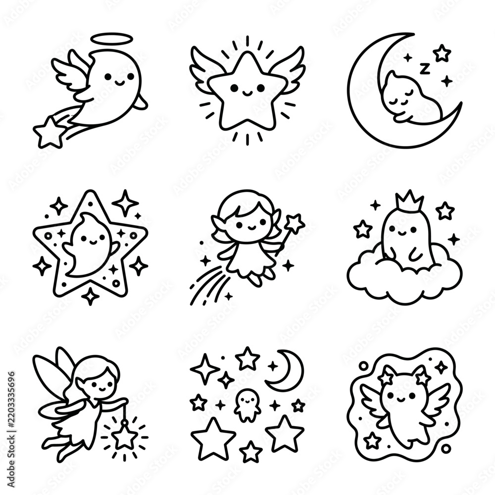 Fototapeta premium Cute Kawaii Fantasy Creatures & Celestial Icons