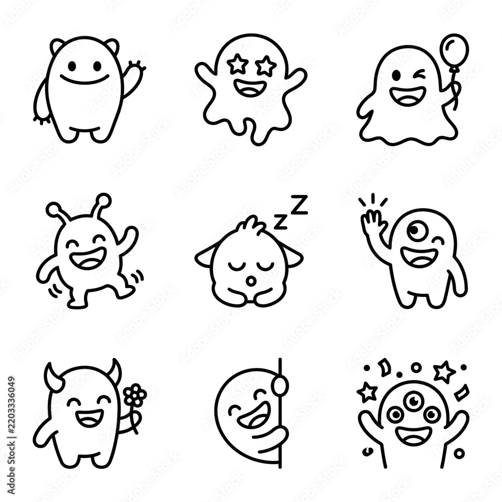 Fototapeta premium Cute Doodle Monsters Icons - Funny Cartoon Characters Set