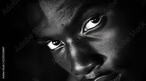 Intense Close-up of a Black Man's Face in Dramatic Black and White