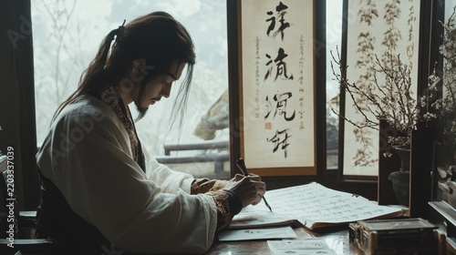 Traditional Scholar Writing in Ancient Study with Calligraphy Art