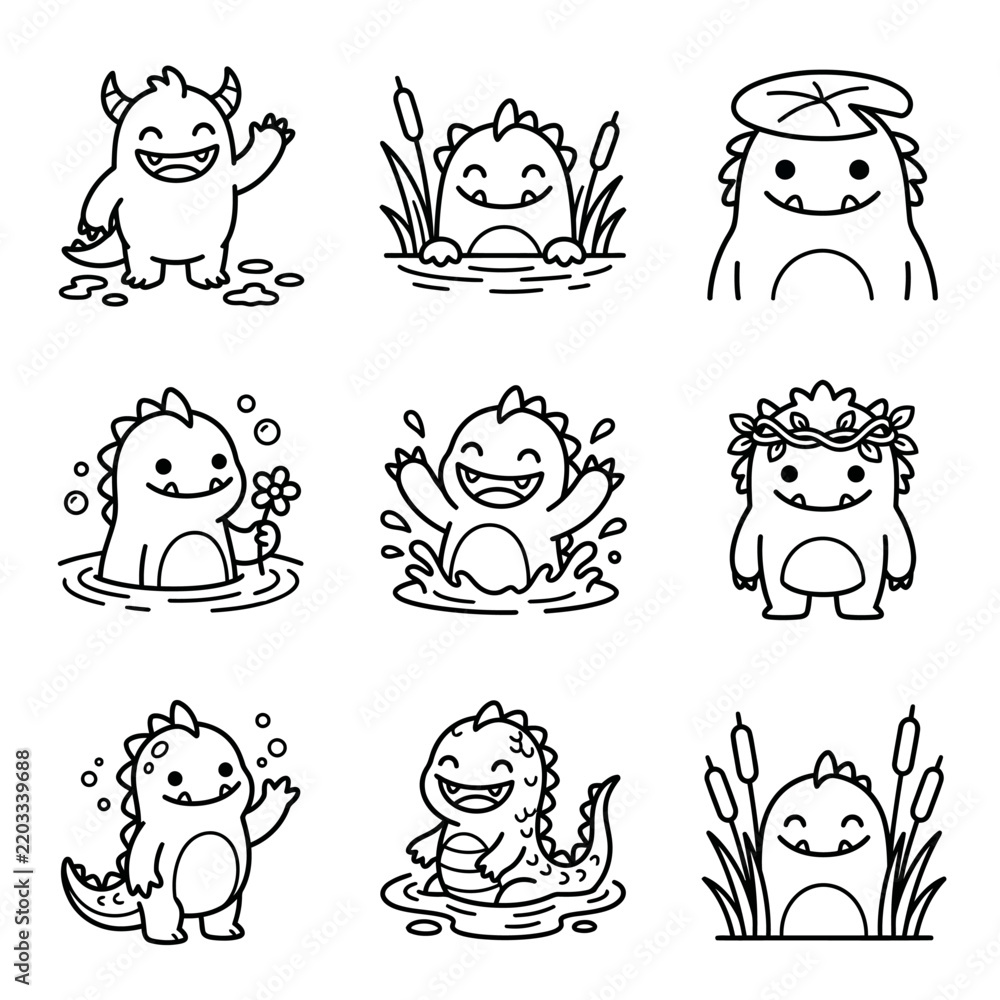 Fototapeta premium Cute Kawaii Monsters Collection, Funny Cartoon Characters, Vector Art