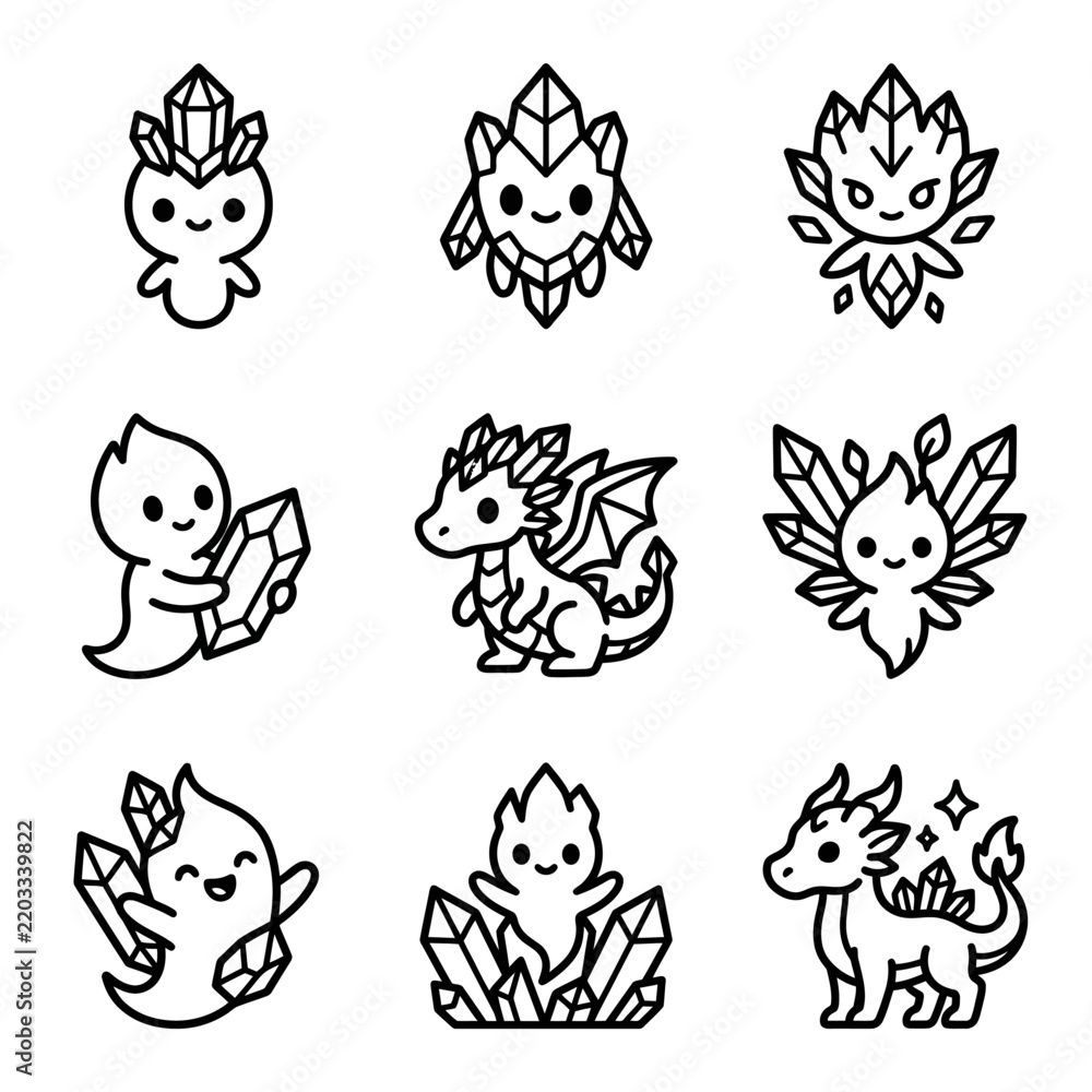 Obraz premium Cute Fantasy Creatures: Crystals, Dragons, Spirits, and Elementals
