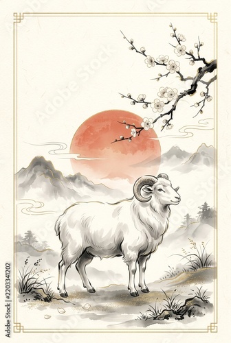Obraz w ramie 朝日と山水の中に白い羊を描いた未年の和風年賀状