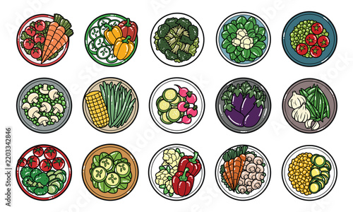 Food plate with vegetables top view vector graphic collection