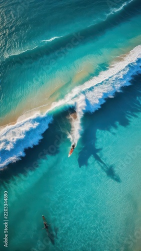 Aerial view of surfing on wave in ocean with perfect waves