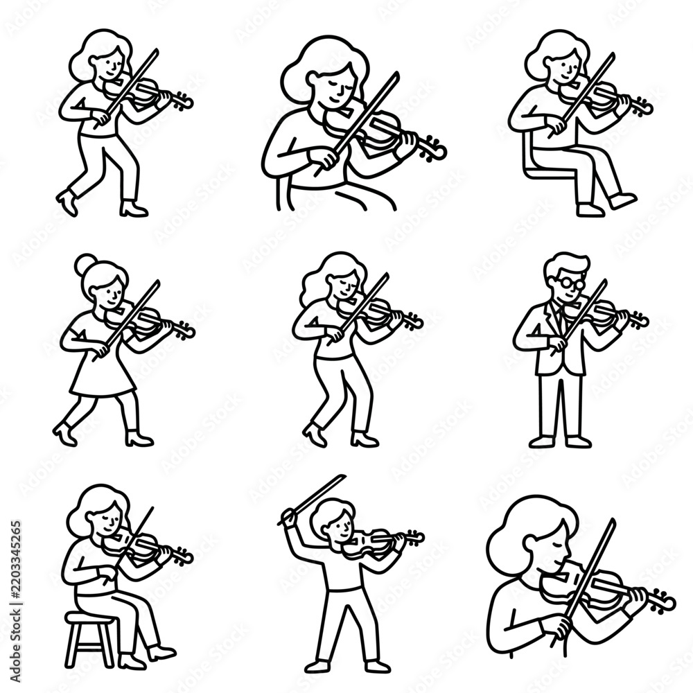 Fototapeta premium Diverse Violin Players: Cartoon People Playing Music